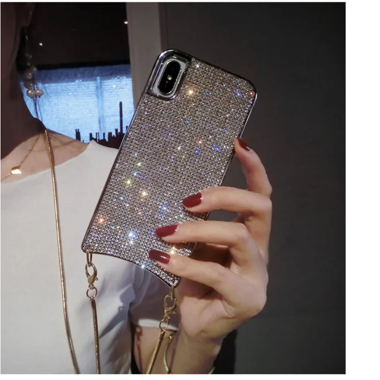 Блестящие стразы, Алмазный чехол через плечо для iPhone XS MAX XR X 6 8 7 Plus 11 Pro, Женский чехол с длинным ремешком и металлической цепочкой