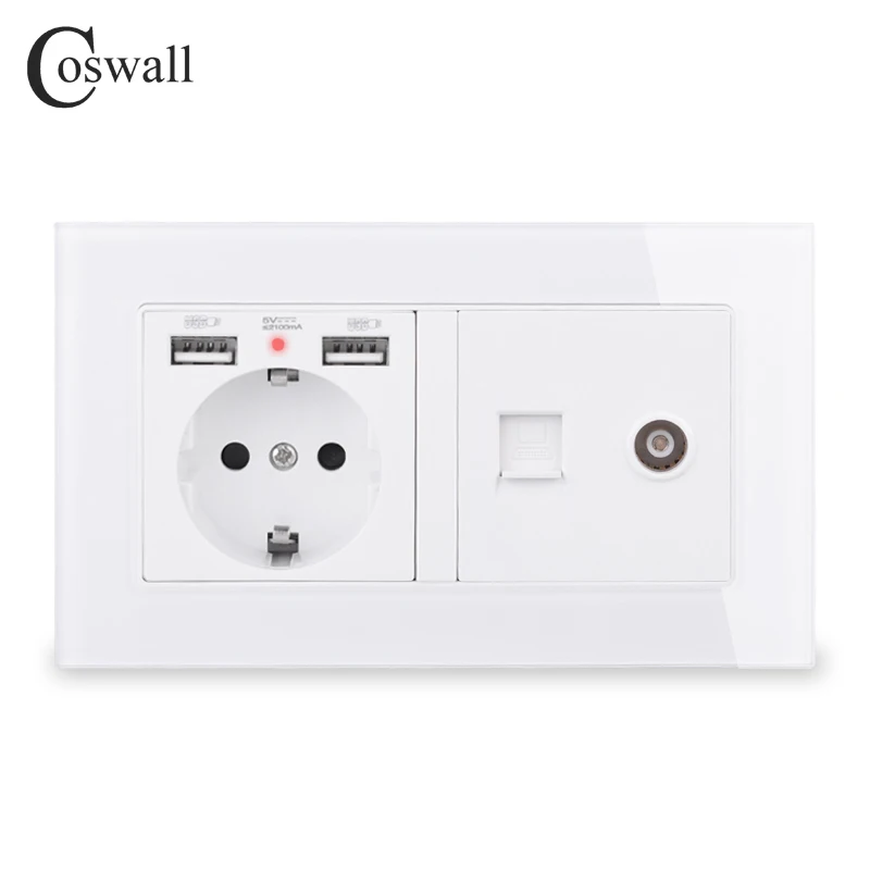 White COSWALL Россия Испания стандарт ЕС розетка 2 USB порт зарядки+ женский ТВ разъем с CAT5E RJ45 Интернет Джек стеклянная панель - Тип: White