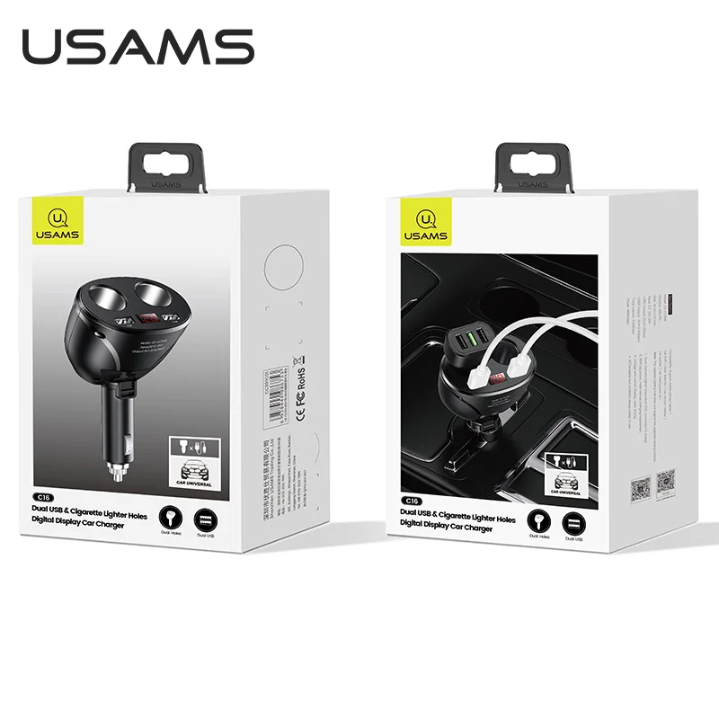 

USAMS 4 in 1 Car Charger 96W PD Fast Charging LED Display USB Car Lighter Ports 3.4A Phone Adapter Charger For Iphone Xiaomi mi