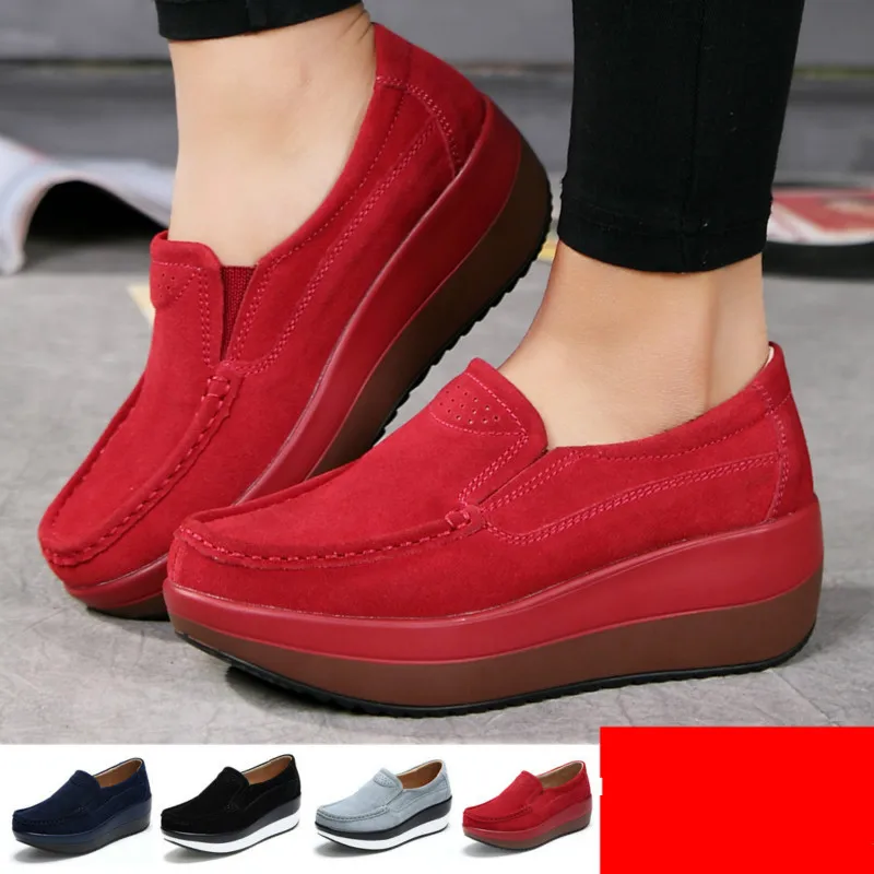 

SWONCO Cow Suede Leather Causal Shoes Women Black Sneakers Platform 2020 Spring Autumn Female Wedges Shoes Sneakers For Womens