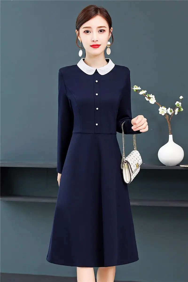 

COIGARSAM Women Long Dress Spring 2021 New Office Lady Fashion Full Sleeve Patchwork Peter Pan Collar Dark Blue Dresses Traf