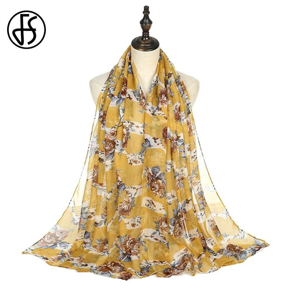 

FS New Winter Elegant Retro Big Flower Voile Scarf For Women Cotton Linen Feeling Warm Shawl Yellow Orange Thin Beach Hijab 2021