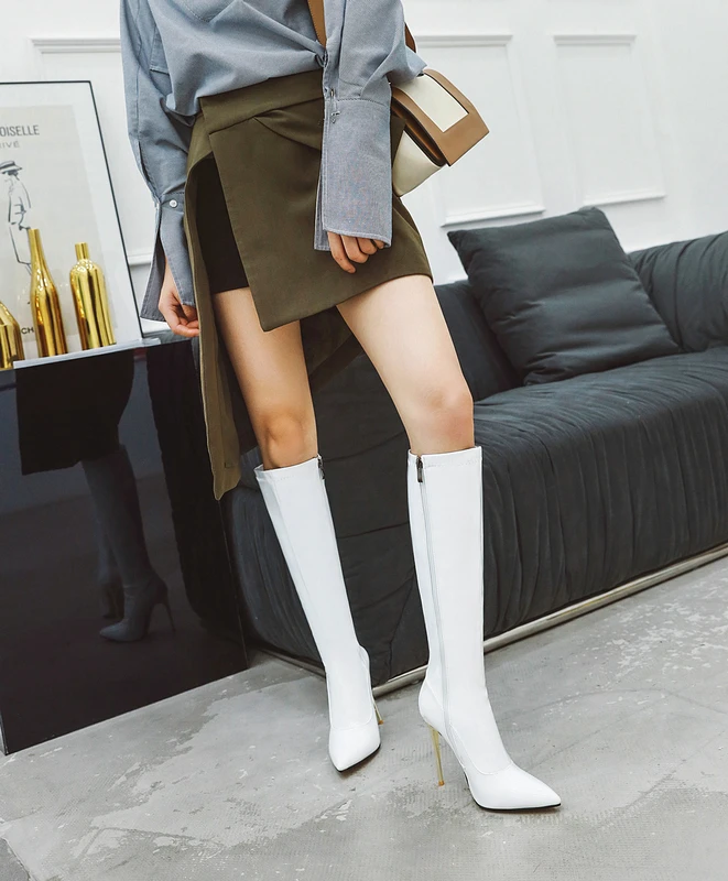 Белый Black Red White Patent Leather Sexy Knee High Boots Super Heel Women's Tall Boots Pointy Toe Winter Dress Boots Side Zipper - Цвет: Белый