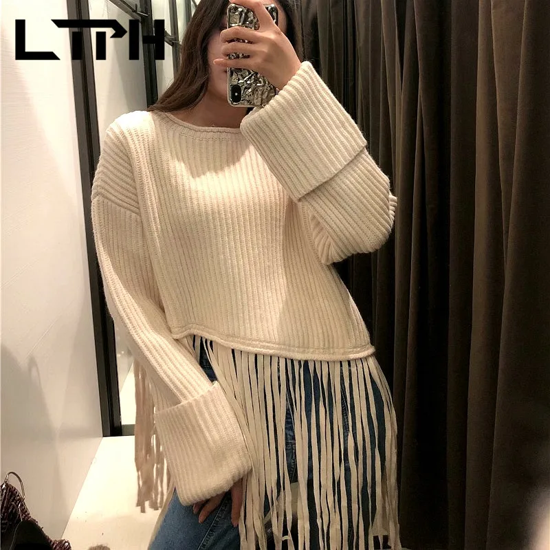 

LTPH Fashion Tassel women sweaters pullovers stitching Solid long sleeve O-Neck short Knitted Sweater Tops 2021Spring Autumn New
