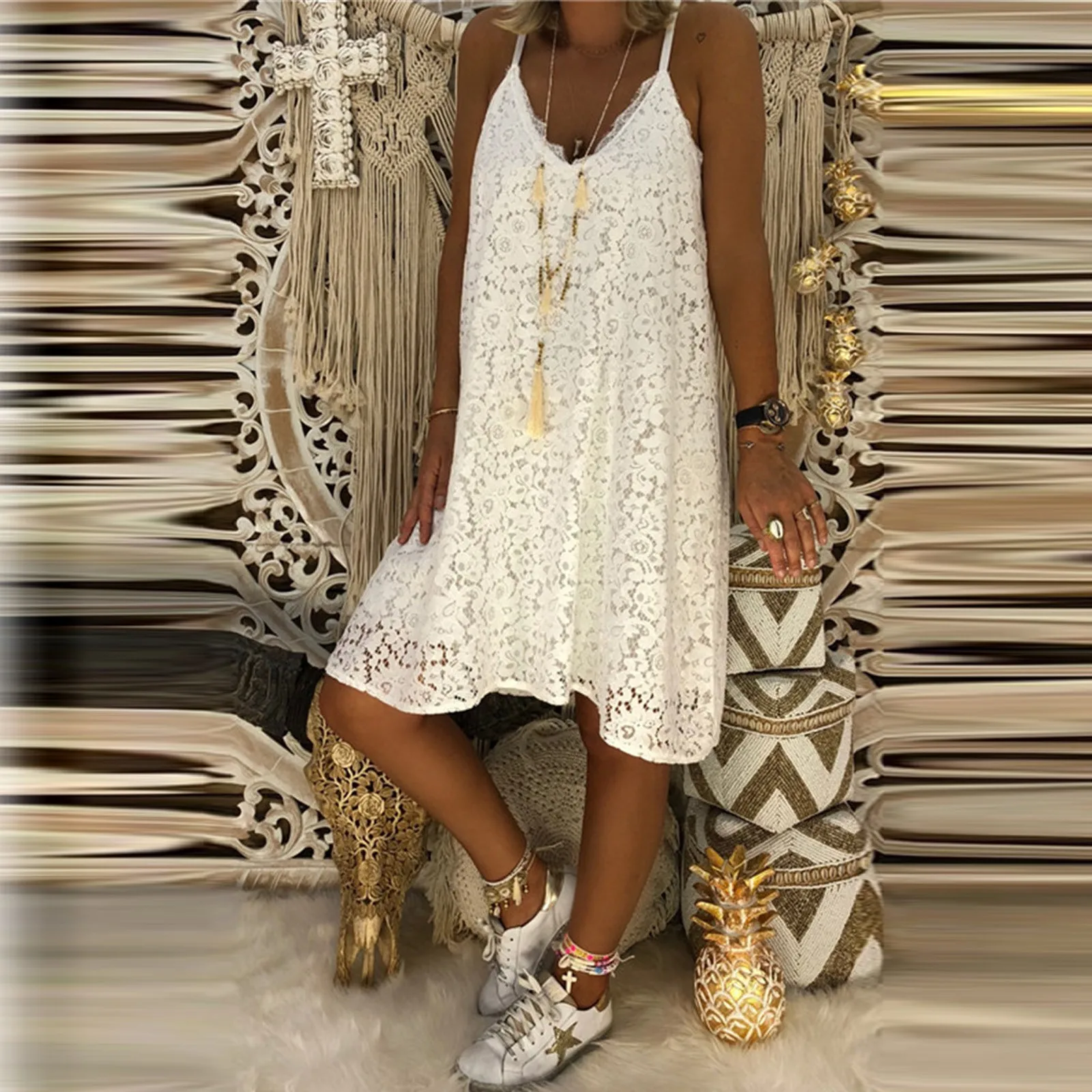 

Hot Dresses For WomenWomen's Fashion Loose Patchwork Lace Striped Print V-neck Halter Dress 2021 New