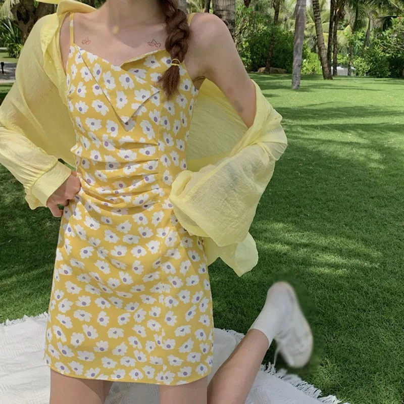 

Women's Foral Printed Mini Dress Daisy Print Korean Summer Sling Vestidos Female