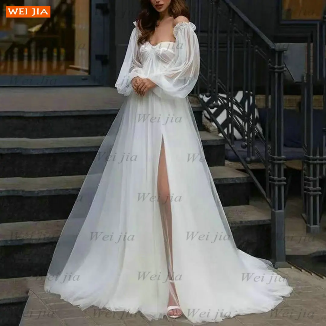 Sexy Boho Wedding Gowns 2021 Vestido De Novia Long Puff Sleeves Tulle Side Split A Line Suknia Slubna Custom Made Bride Dresses