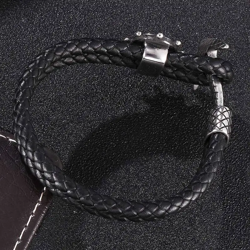 Модный черный кожаный плетеный браслет с якорем мужские двухслойные браслеты