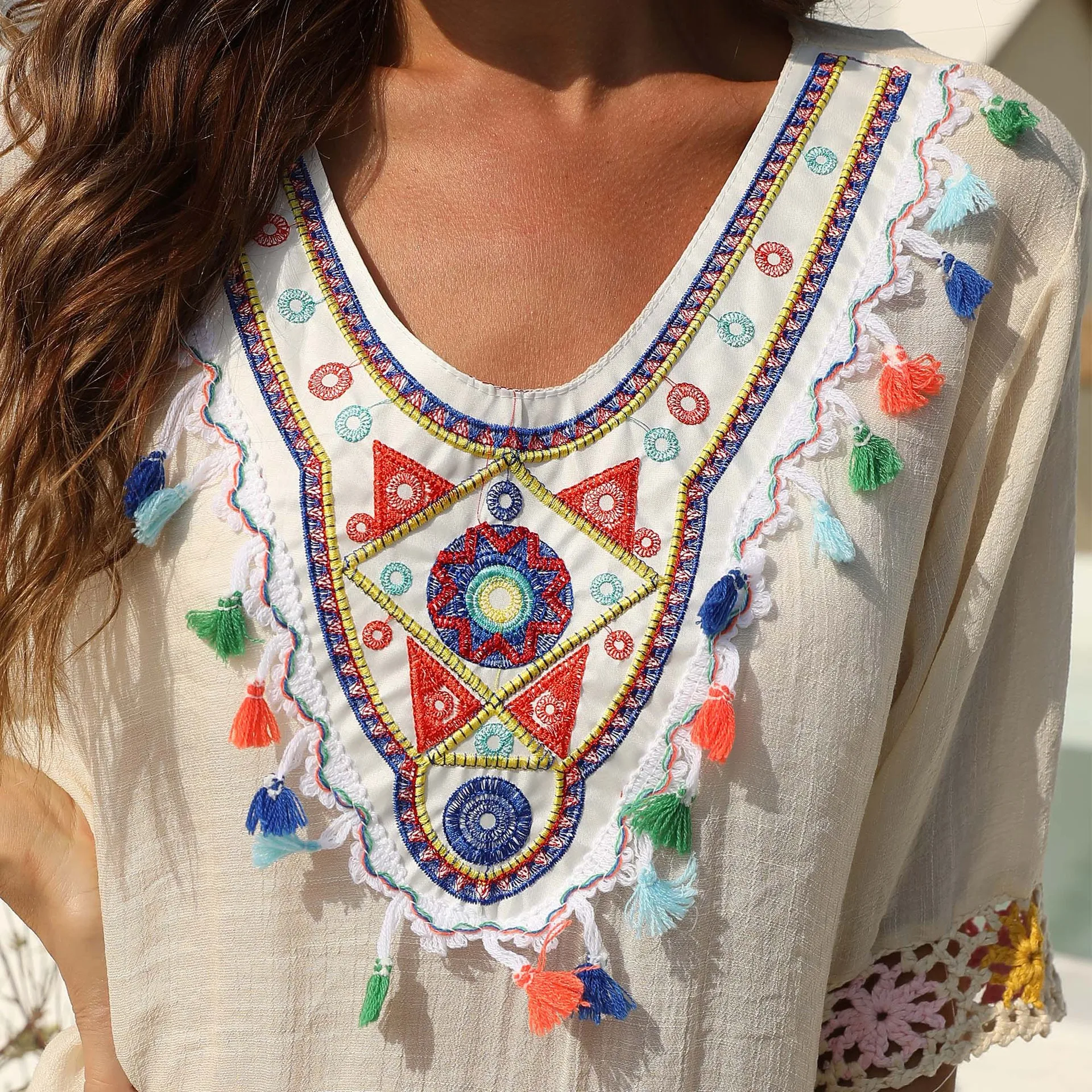 

New Swim Cover Up Tunic Beach Dress Summer Women Beach Wear Ethnic Embroidery Loose Patchwork Woman Swimsuit Cover-Ups Pareos