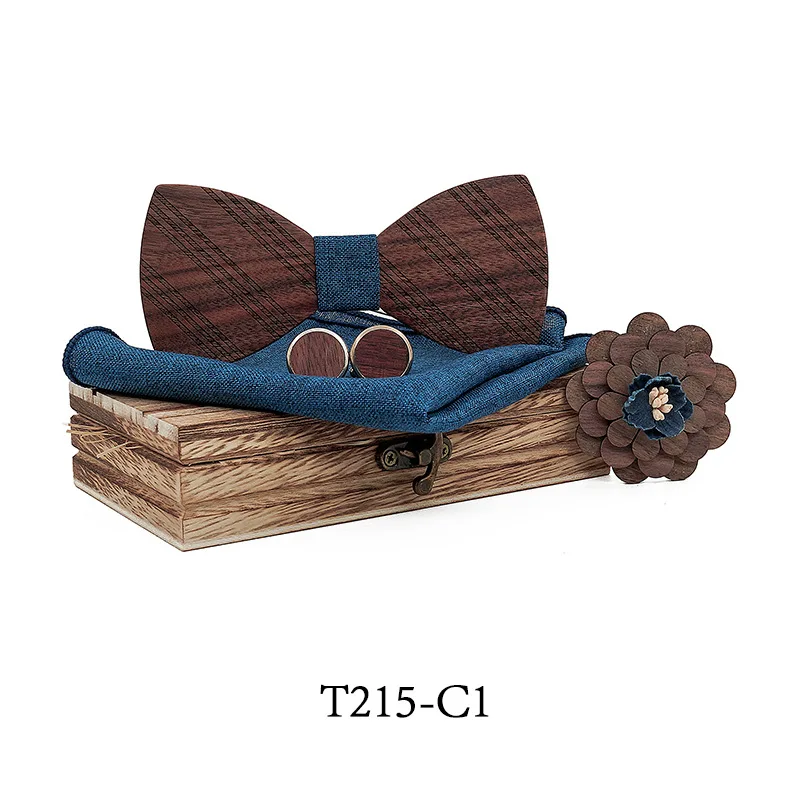 

Linbaiway Men's Shirt Wooden Bow Tie Handkerchief Cufflinks Brooch Sets for Men Wedding Bowtie Men Tuxedo Gift with Wood Box