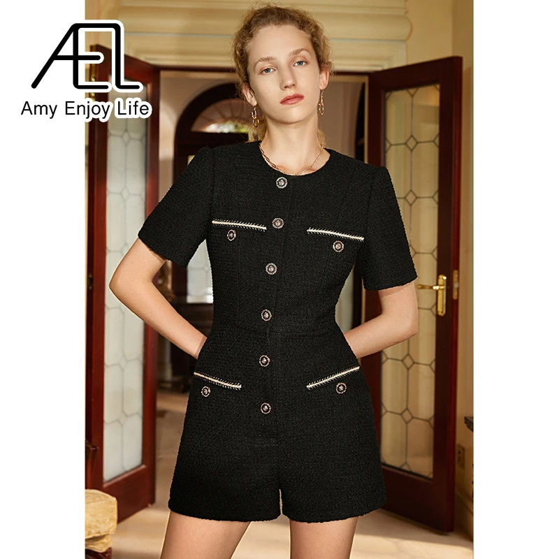 

AEL Woman Vintage Black Tweed Jumpsuit O-Neck Short Sleeve Autumn Elegant Slim Hight Waist Street Fashion Clothing