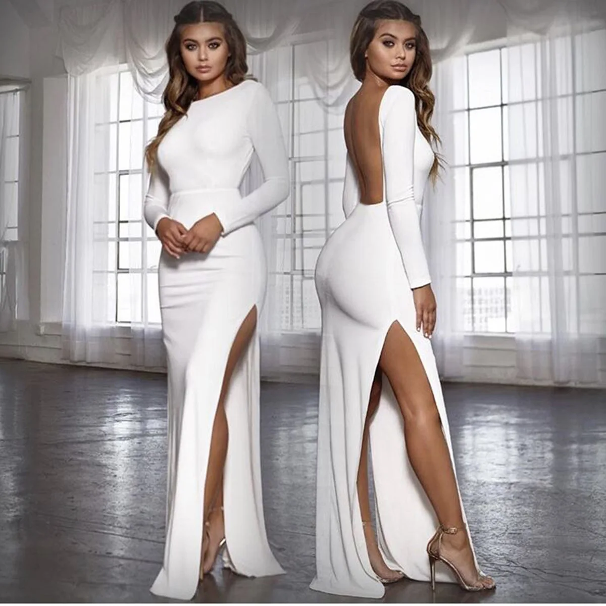 

Backless Sexy Party Dress Vestidos Long Sleeve High Side Split Bodycon Maxi Dress Women White Black Elegant Long Dress