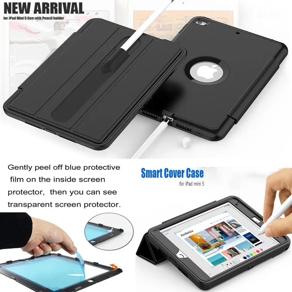 Для iPad mini 5 2019 Чехол 4 Smart Cover Funda с держателем карандаша/пленкой дети