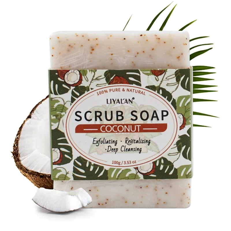 

Coconut Oil Scrub Soap Bath Exfoliating Skin Whitening Shrink Pores Anti Acne Deep Cleaning Handmade Rich Foam Body Soap 100g
