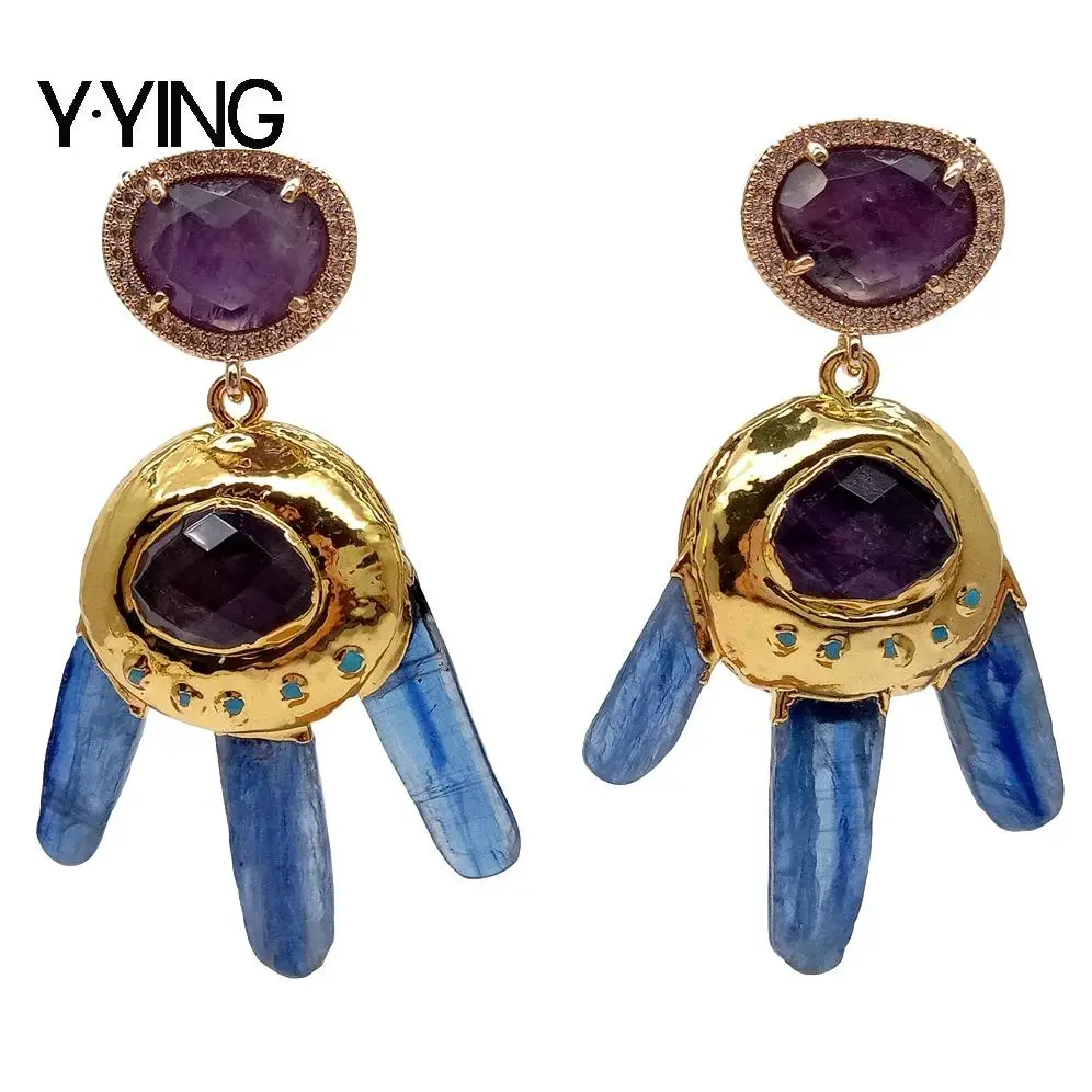 

Y·YING Natural Blue Kyanites Purple Amethysts Dangle Stud Earrings vintage style for women