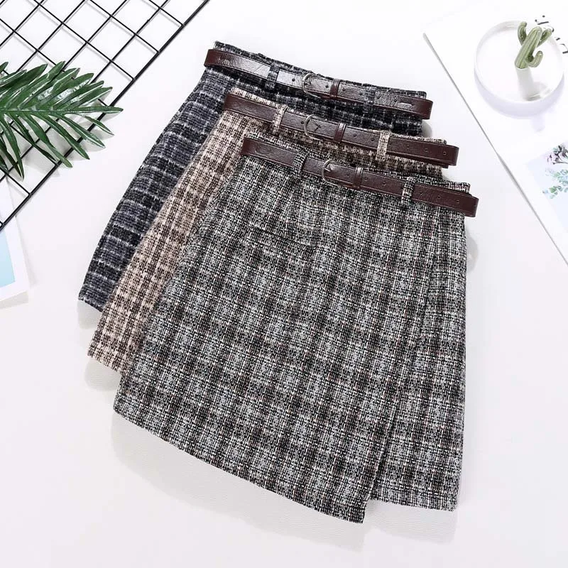 

Женская шерстяная Асимметричная короткая юбка, винтажная привлекательная зимняя Асимметричная юбка в клетку с высокой талией, элегантная ...