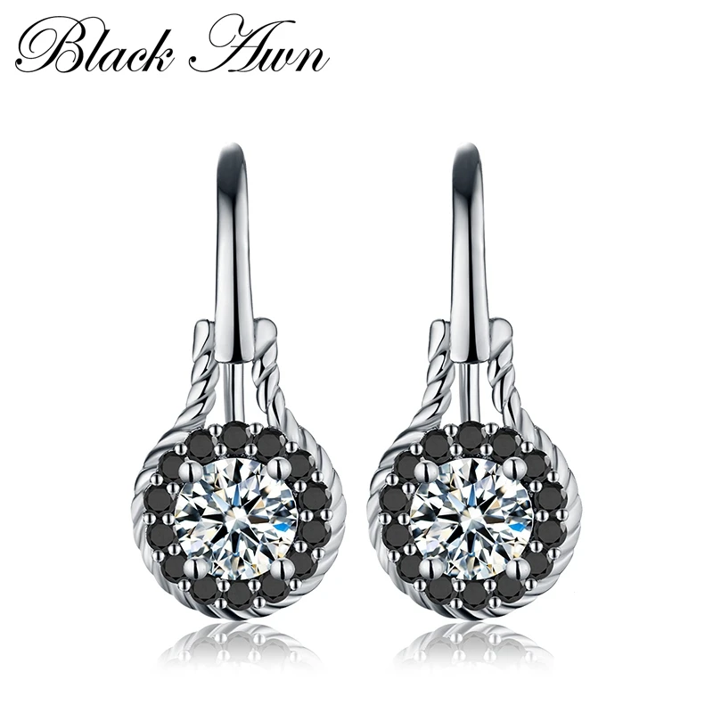 

[BLACK AWN] Genuine 925 Sterling Silver Jewelry Black Spinel Engagement Dangle Earrings for Women Fast Shipping TE092