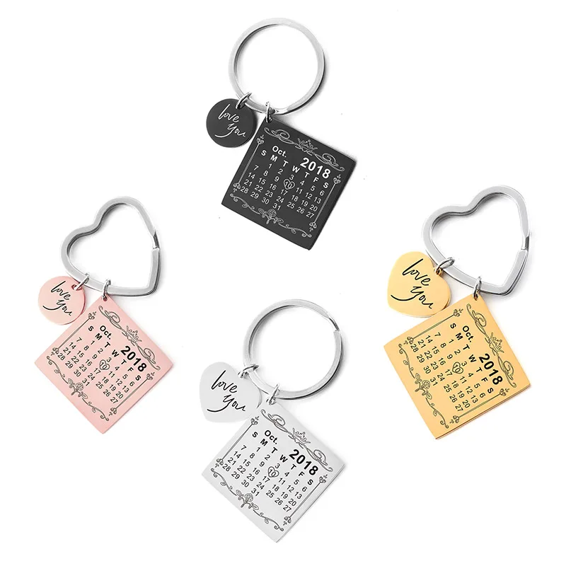 

Personalized Calendar Keychain Heart Circle Shape Engraved Special Date Custom Name Key Chain Husband Wife DIY Jewelry Gifts