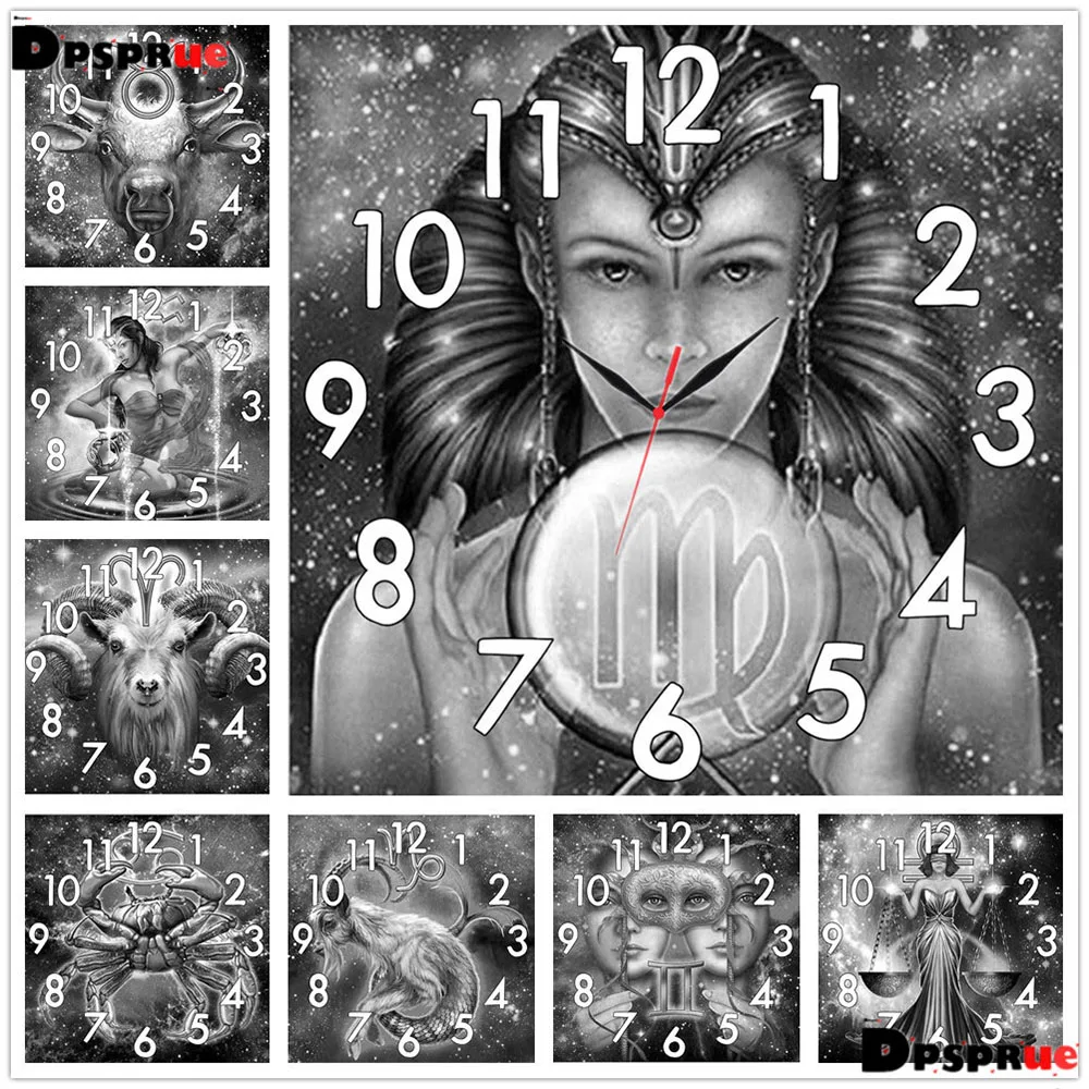 

Полная дрель 5D Diy квадратная круглая Алмазная картина с часами крестиком 12 созвездий черно-белая мозаика 3d вышивка