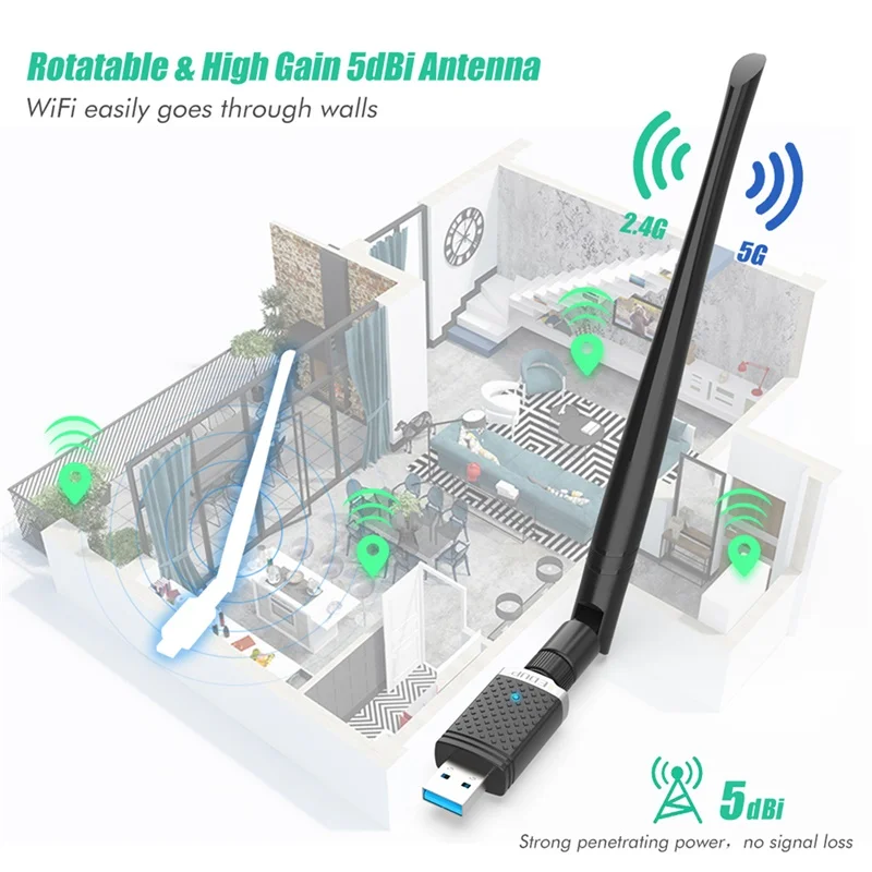 USB Wi-Fi адаптер EDUP 5 8 ГГц + 2 4 высокоскоростной Wi-Fi-ресивер 1300 Мбит/с антенна