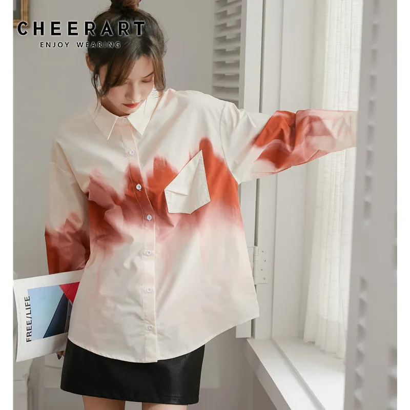 

Дизайнерская рубашка CHEERART Tie Dye 2021, Женский Топ с длинным рукавом и блузка, рубашка с воротником на пуговицах, белая рубашка контрастных цвет...