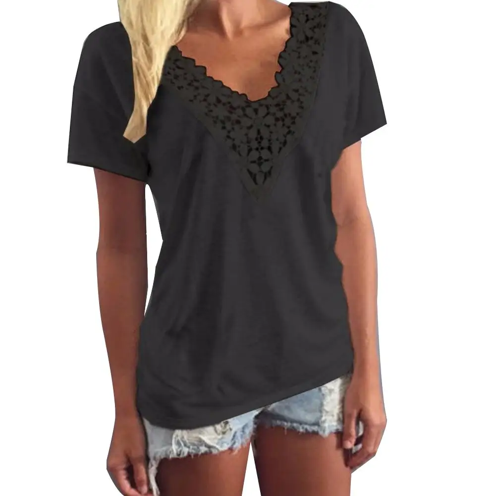 Повседневная Женская однотонная Кружевная футболка с v образным вырезом и
