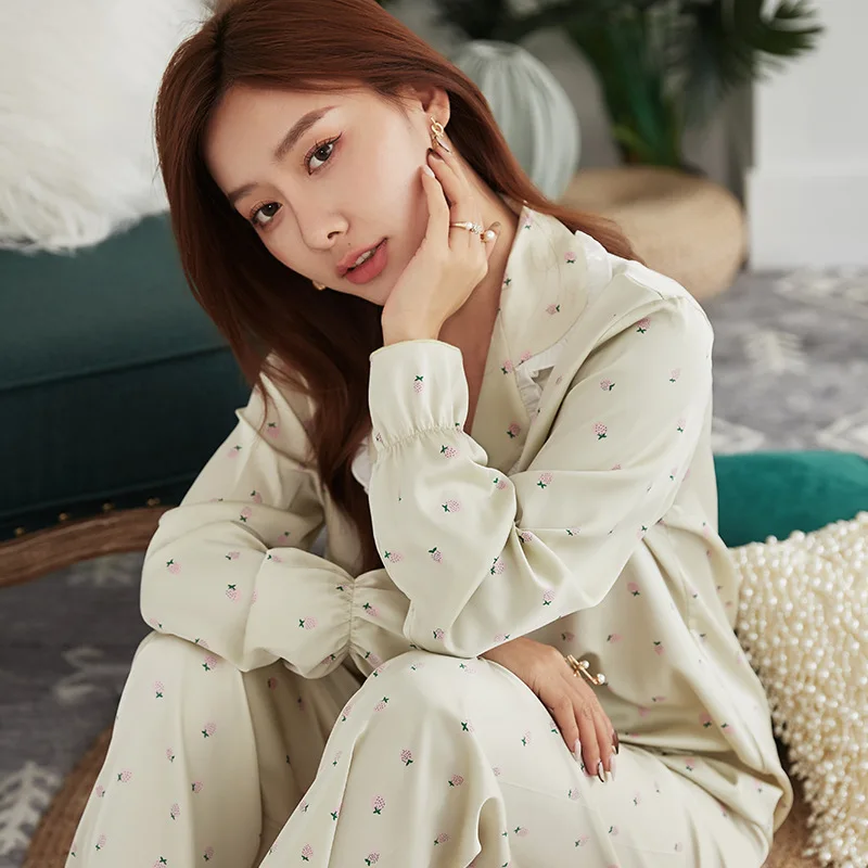 

Pink Satin Pajamas Set Women New Sleep Set Spring Autumn 2PCS Sleepwear Long Sleeve Shirt&Pants Cute Lapel Pyjamas Suit