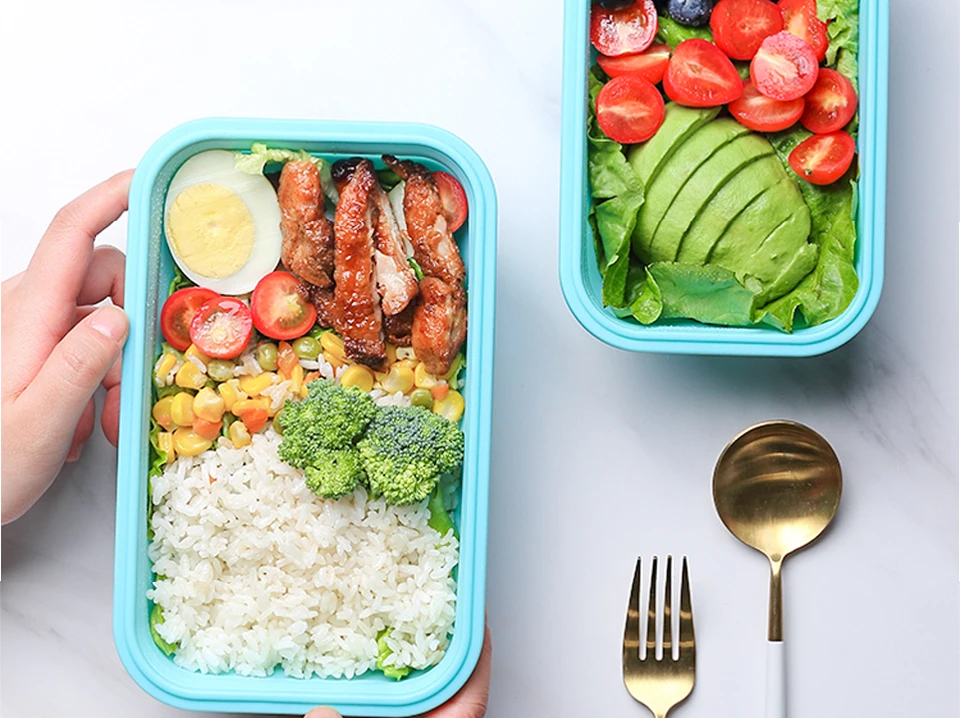 Силиконовый складной Ланч-бокс, контейнер для хранения еды, Bento BPA Free, Microwavable, портативный, для пикника, кемпинга, прямоугольная, открытая коробка