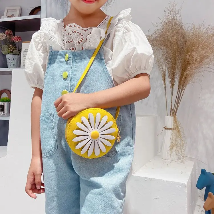PU Leather Girls Mini Shoulder Bags Baby Kids Coin Purse Handbags Small Wallet Fashion Daisy Flower Children's Crossbody Bags