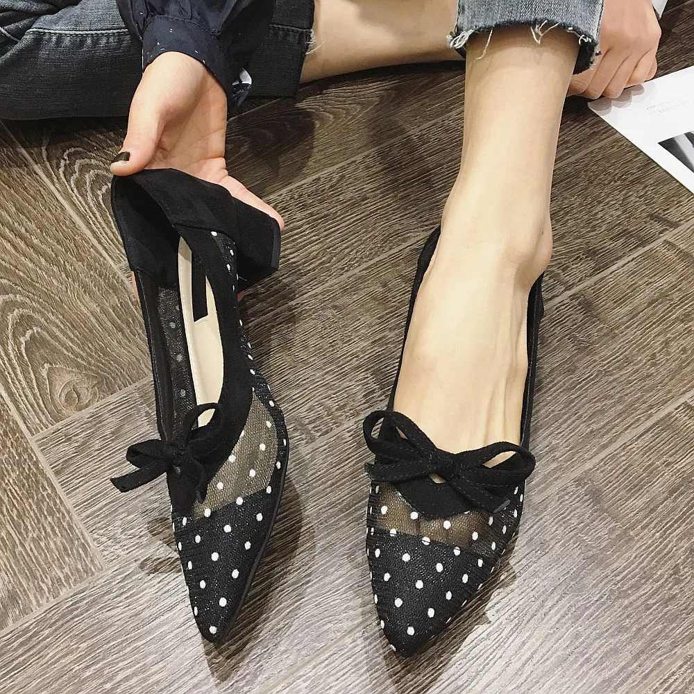 Туфли-лодочки женские кружевные пикантные дышащие заостренный носок бант