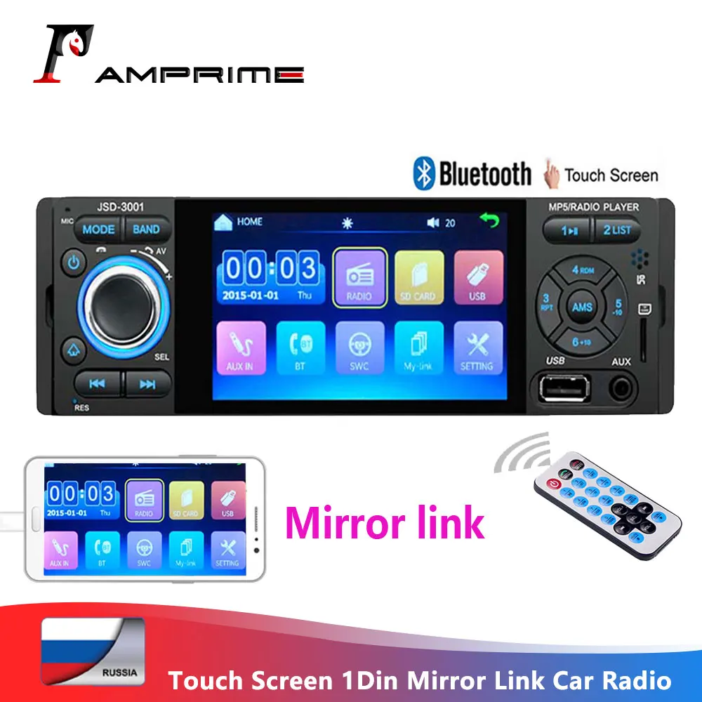 AMPrime 1 din автомобильное радио Зеркало Ссылка Bluetooth Авторадио сенсорный экран авто стерео видео Usb/Aux плеер MP5 с камерой заднего вида