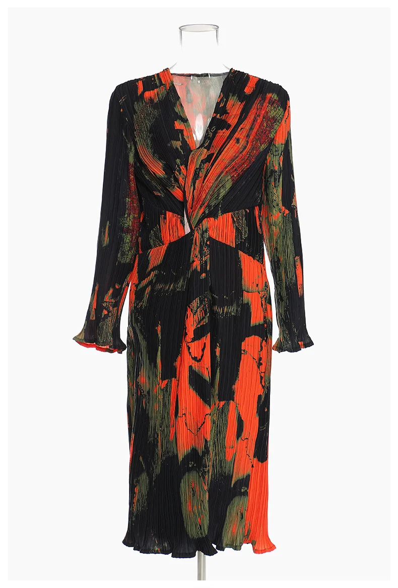 

MSXU Spring Autumn Vintage Retro Print Pleated Twist Cross Casual Party Women Dress Vestidos