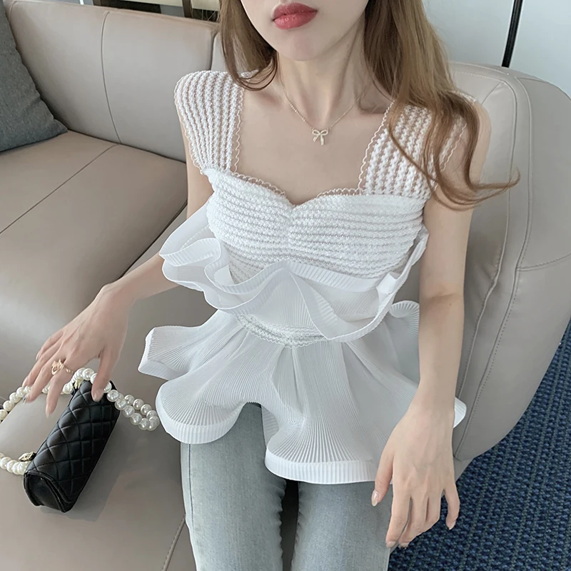 

GALCAUR Sexy White Vest For Women Square Collar Sleeveless Lace Patchwork Ruffles Solid Vests Female Fashion 2021 Summer Clothes