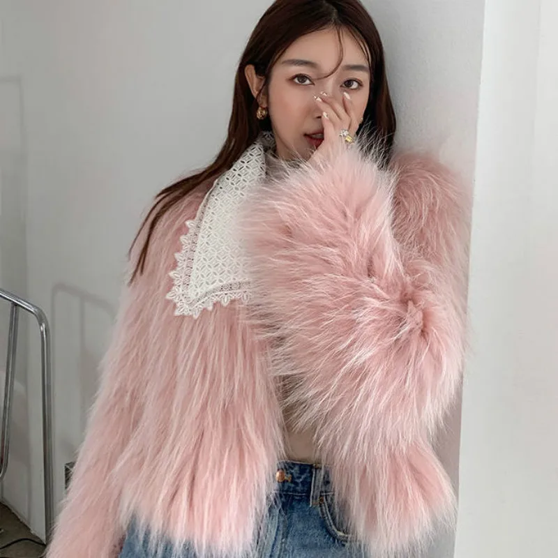 

2021 Autumn Winter Furry Faux Fur Coat Women Warm Long Sleeve Female Outerwear Coat Jacket Patchwork Lace Turn Down Collar Y142