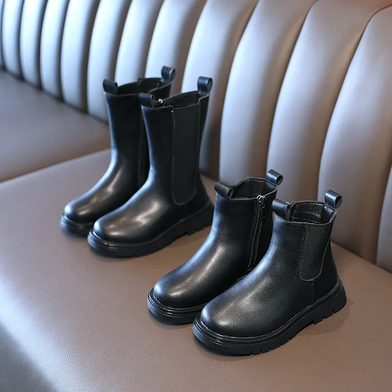 

Crianças botas de inverno preto couro do plutônio meados de bezerro meninos meninas outono chelsea booys tamanho 26-36 moda