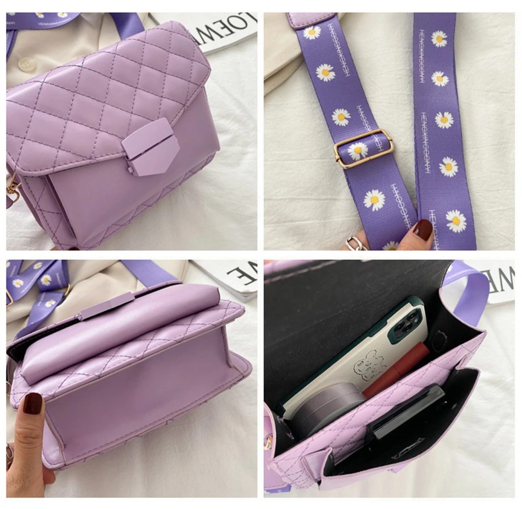 

July&Sherly Women Bags Ins Fashion Female Small Bag Summer Messenger Bag Daisy Strap Rhombus Embroidery Thread Square Bag