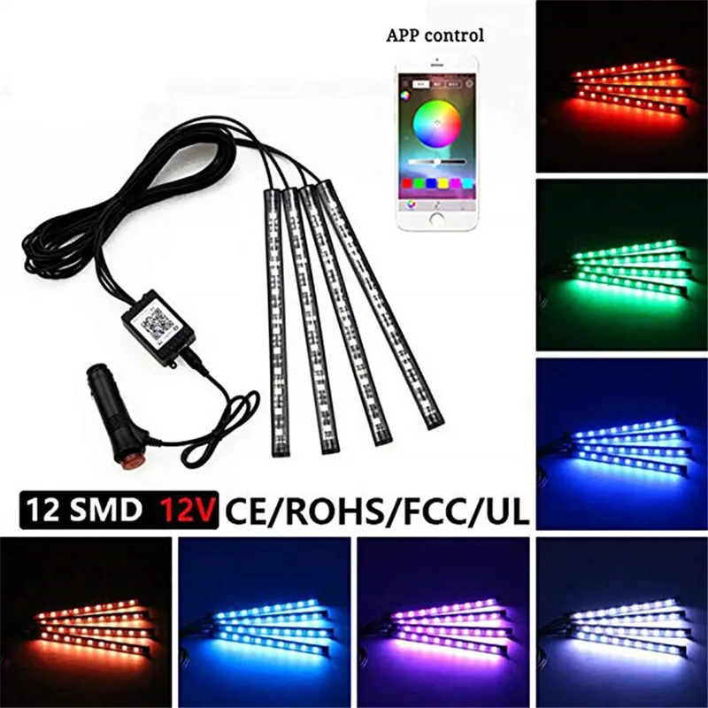App Control 4*12 leds Led Car Foot Ambient Light RGB With Cigarette Lighter Auto Interior Decorative Atmosphere Lights