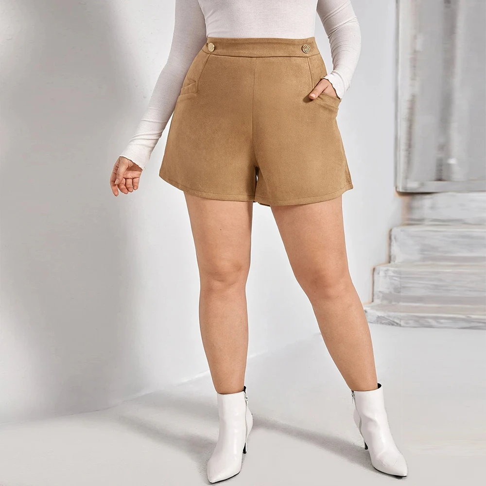 

Plus size Women Shorts 4XL 2021 New Summer Khaki Button Adjust High Waist Short Harajuku Bermuda Wide Legs Cotton Shorts