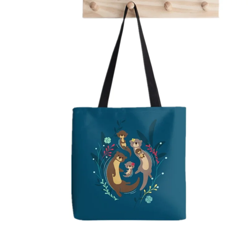 

2021 Shopper Cartoons Otter Family Printed Tote Bag women Harajuku shopper handbag girl Shoulder shopping bag Lady Canvas Bag