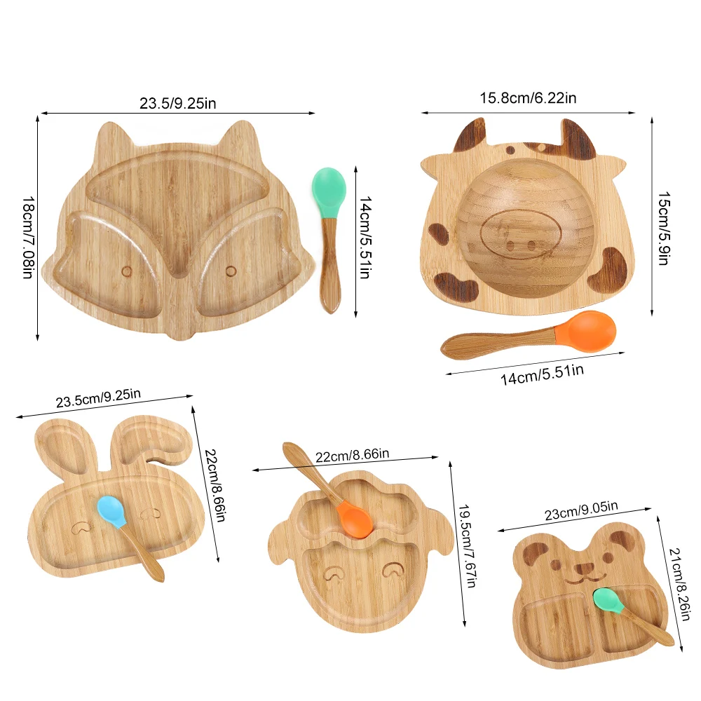 

Bamboo Children'S Bowl And Plate Cutlery Set Suction Cup Non-Slip Baby Plate With Silicone Spoon Cartoon Animal Baby Plate
