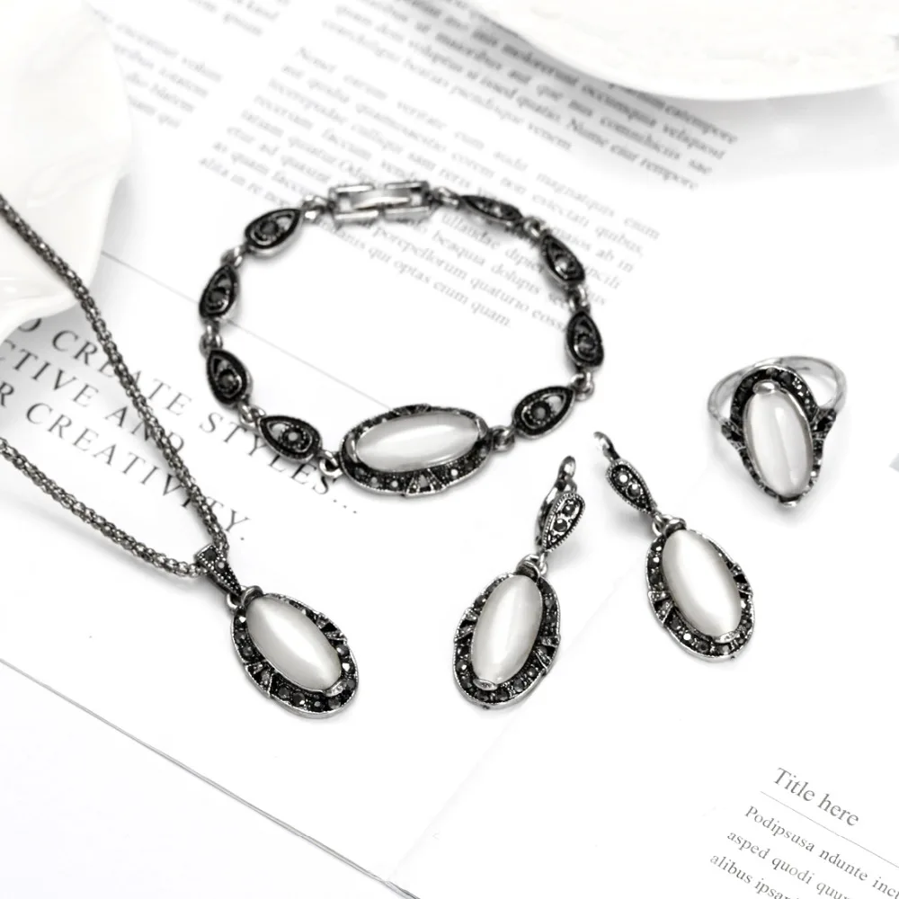 Vintage Opal камень комплект ювелирных изделий, Модный кулон Цепочки и ожерелья набор античное серебро 4 шт. украшения Детский костюм для вечеринок Свадебные Ювелирные наборы - Окраска металла: Светло-желтый, золотистый цвет