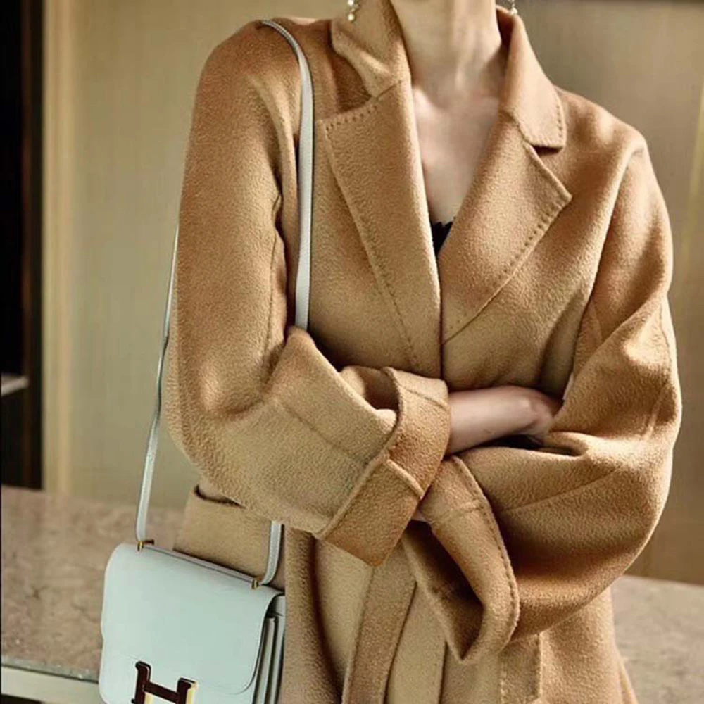 Пальто женское Шерстяное двухстороннее однотонное длинное размера плюс |