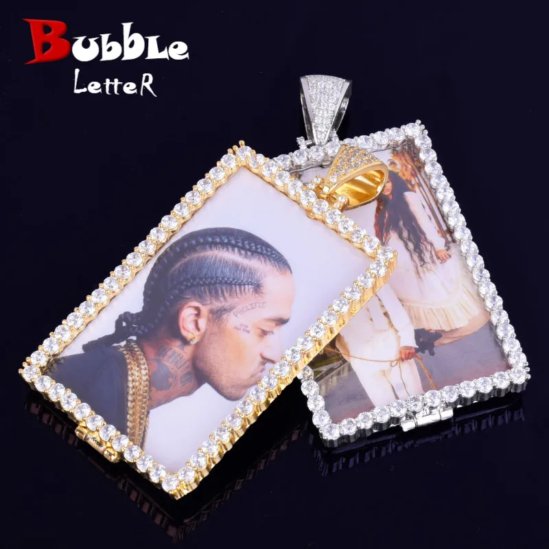 Bubble Letter collana con foto personalizzata per uomo Picture Memory Square medaglioni Pendant colore oro zircone cubico gioielli Hip Hop