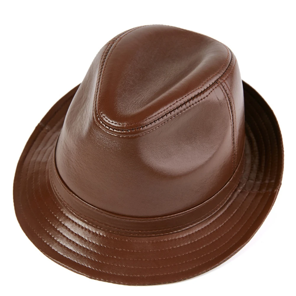 BUTTERMERE Шляпа Fedora натуральная кожа джаз шляпа мужская осень зима овчина британский стиль мужская коричневая черная плоская кепка - Цвет: brown