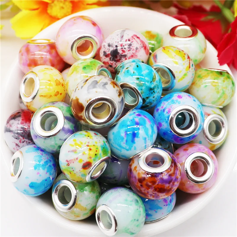 

10Pcs Mixed Color Beautiful Art Flower Stripe 16mm Round Glass Beads Big Hole Fit for Pandora Charms Bracelet Bangle Necklace