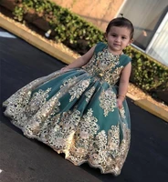 dark green flower girls dresses 2021 with champagne lace appliques ball gown bow knot long toddlers formal party dress wear