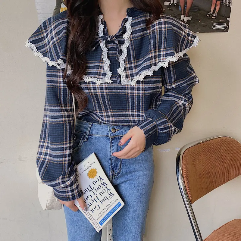 Женская рубашка в клетку Alien Kitty однотонная Повседневная стиле ретро с круглым