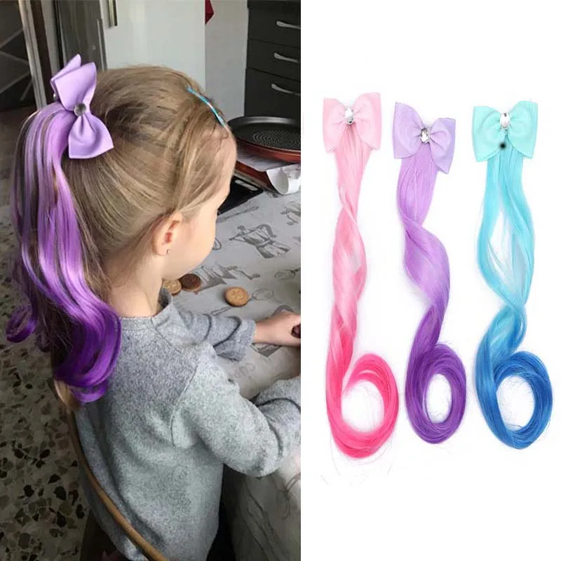 Horquilla con lazo degradado para ni&ntilde;a, coleta para el pelo, peluca de Color para beb&eacute;, trenza el&aacute;stica, tocado, novedad-0