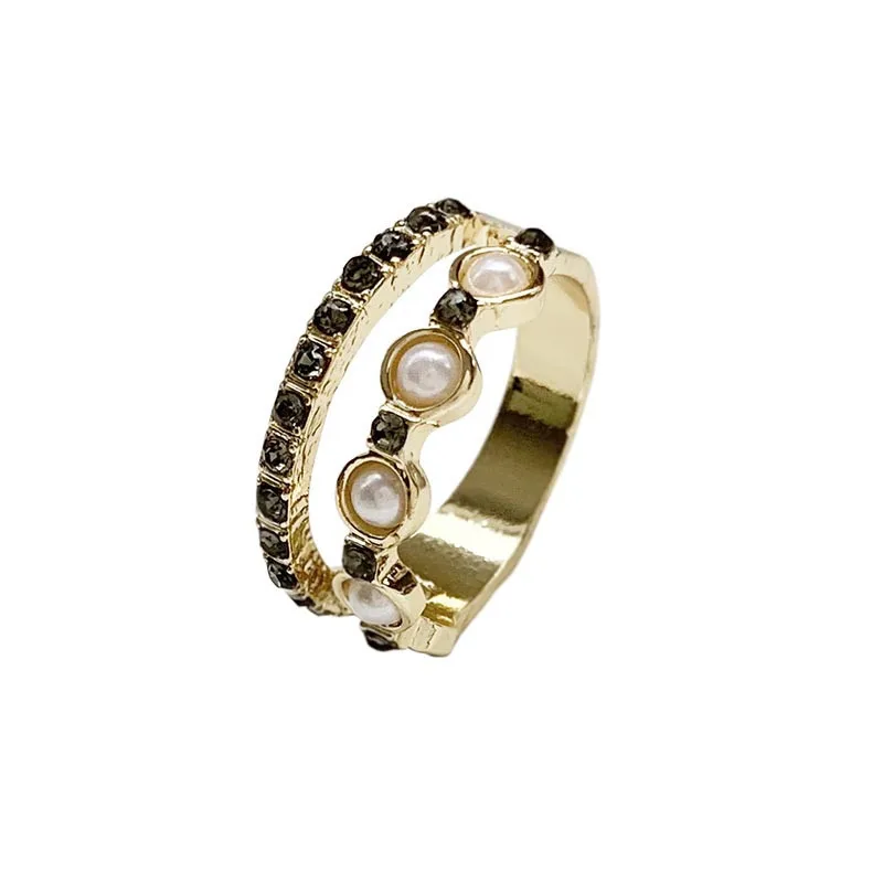 

TIMEONLY Double Row Forefinger Ring for Women Black Rhinestones Simulation Pearl Rings Autumn Winter 2020 New Retro Jewelry