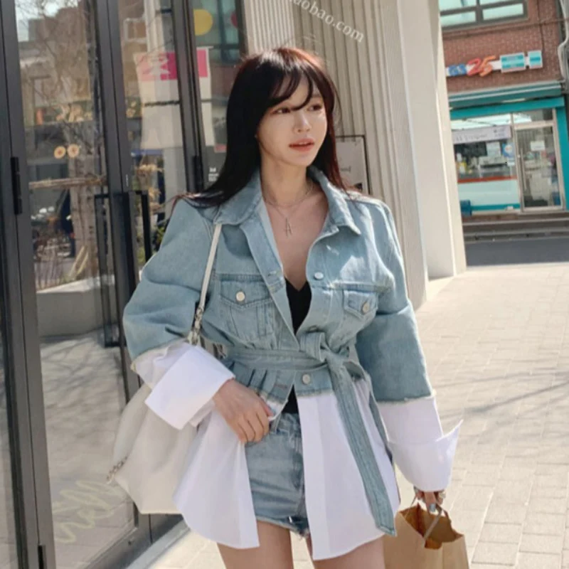 [DEAT] Модный шифоновый светильник для отдыха в стиле пэчворк с цветным поясом, тонкий женский джинсовый пиджак из двух частей AT359